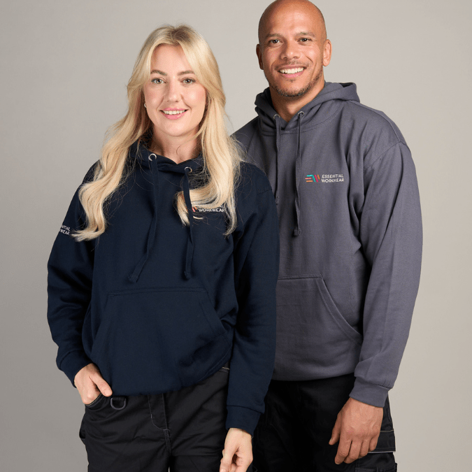 Two models wearing Essential Workwear unisex hoodies