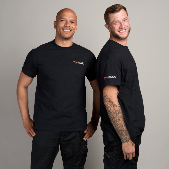 Two models wearing Essential Workwear Black T-Shirts